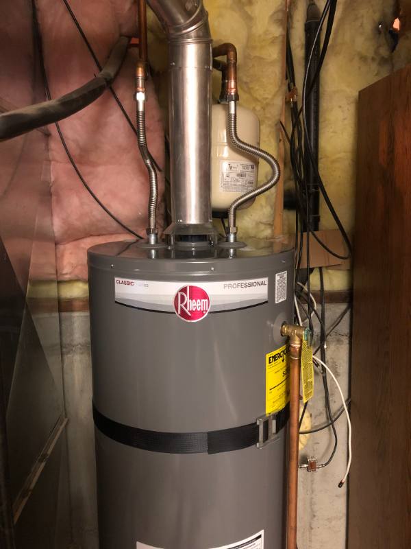 New gas water heater with flex gas line and expansion tank